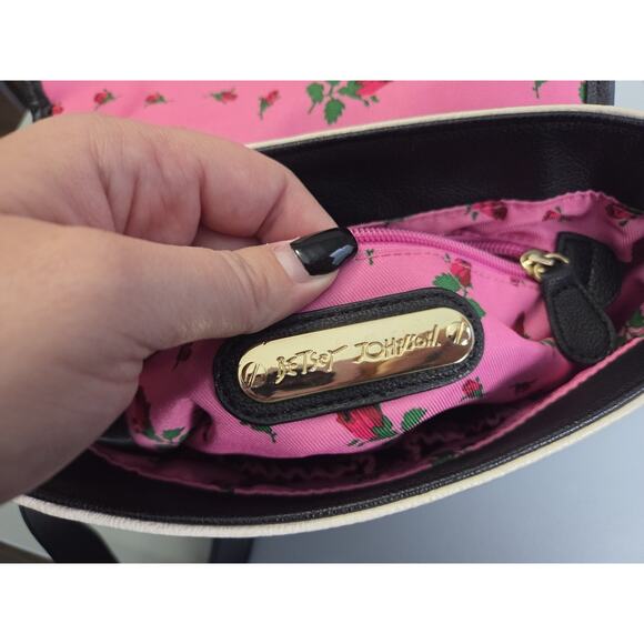 Betsey Johnson Phone Cross Body Bag Purse Handbag Pink Black White Striped - Picture 7 of 10